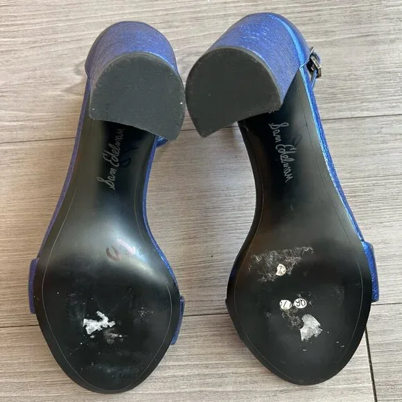 Sam Edelman Yaro Block Heel Sandal Shiny Electric Blue Leather Size W10 - Picture 5 of 7